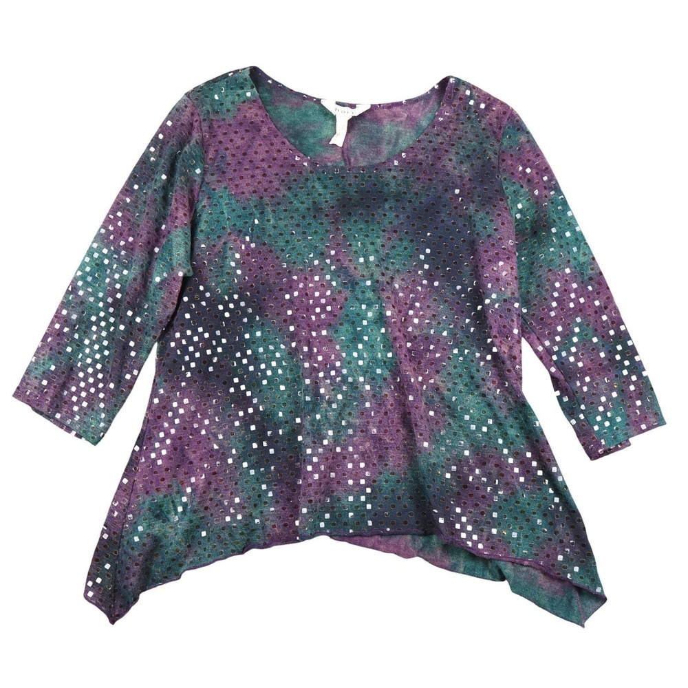 Keren Hart Women's XL Tie Dye Square Sequins 3/4 Sleeve Tunic Top Whimsigoth Y2K